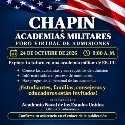 Blue background with flag, text reads Chapin Academies Militares, date, time, and bullet points.