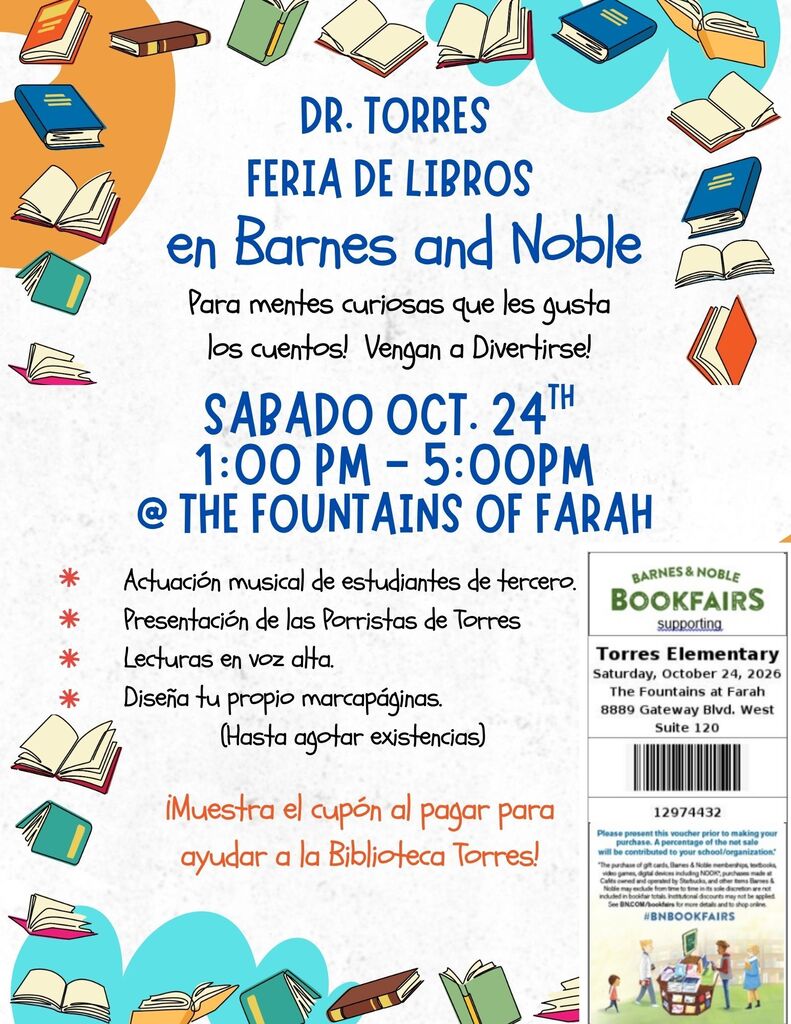 Flyers for a book fair event with books, text in English and Spanish, musical performance, and ticket purchase information.