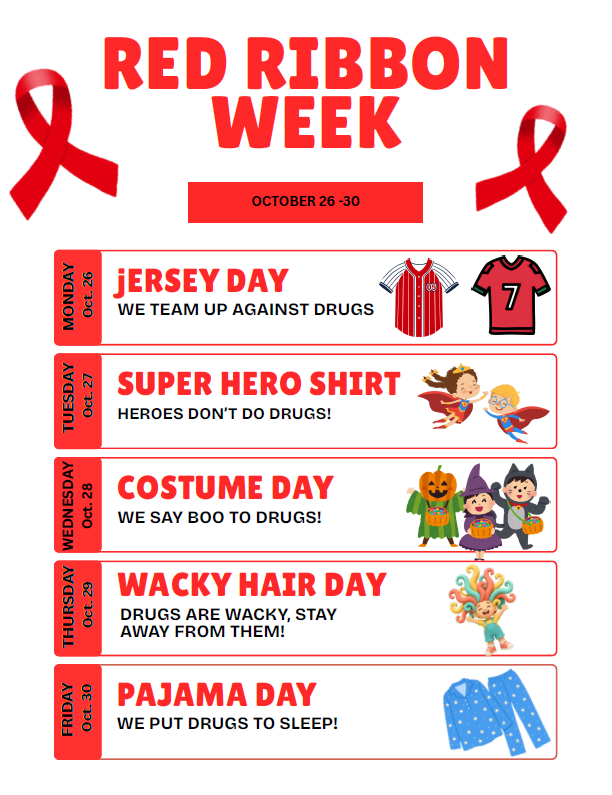 Calendar with days of the week and themed dress codes for Red Ribbon Week.