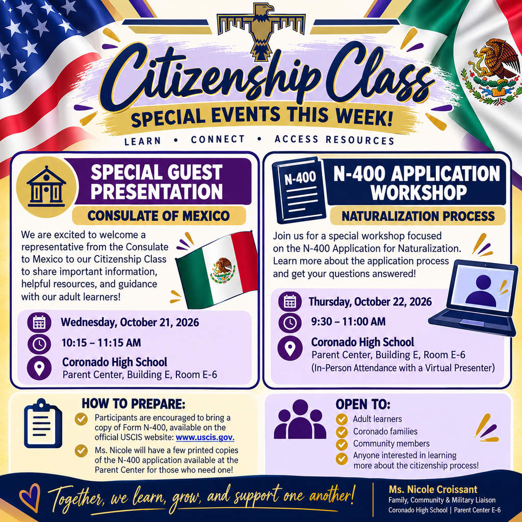 Bright colors, text, and icons. Flags of USA and Mexico. School building icon. People, computer, books, and a flag.