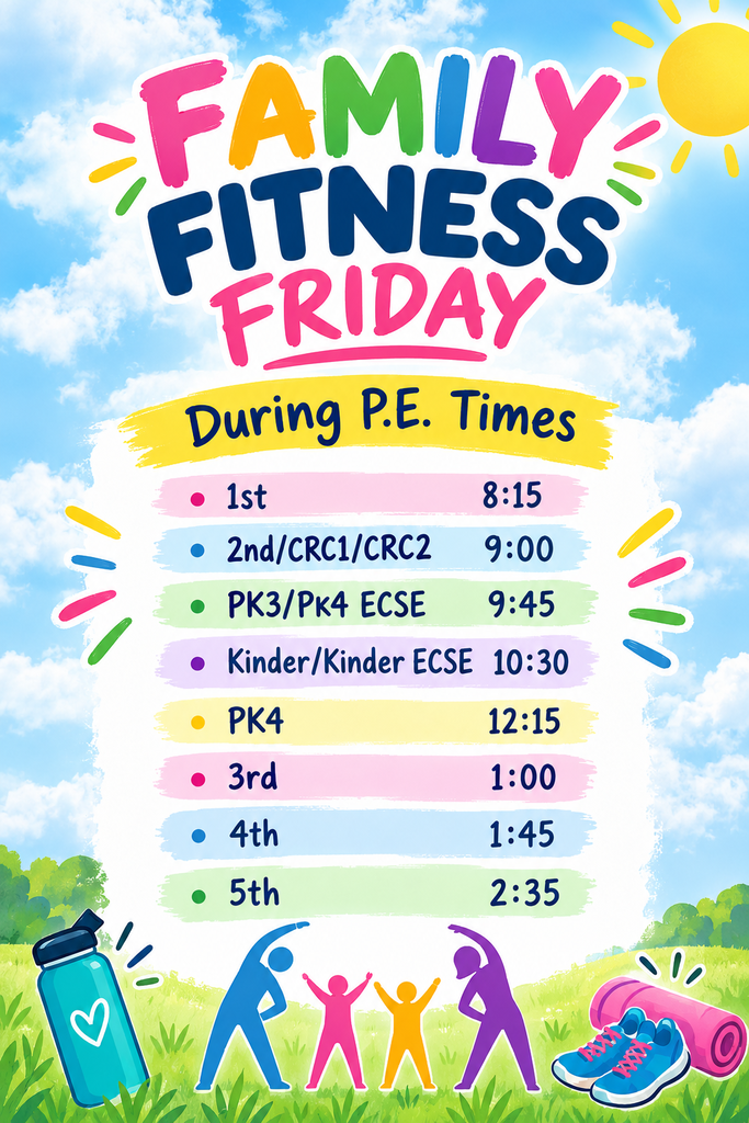 Poster for Family Fitness Friday during P.E. times, showing a timeline, sun, and people exercising.