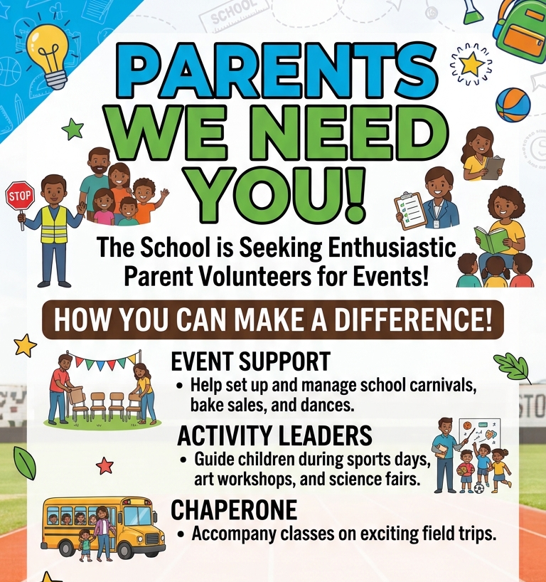 An advertisement for parents to volunteer. A school bus, children, and adults. Text: Parents We Need You!
