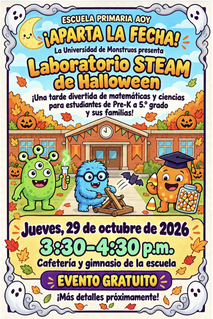 Poster showing monsters and a building with text in Spanish. One monster holds a candy jar.