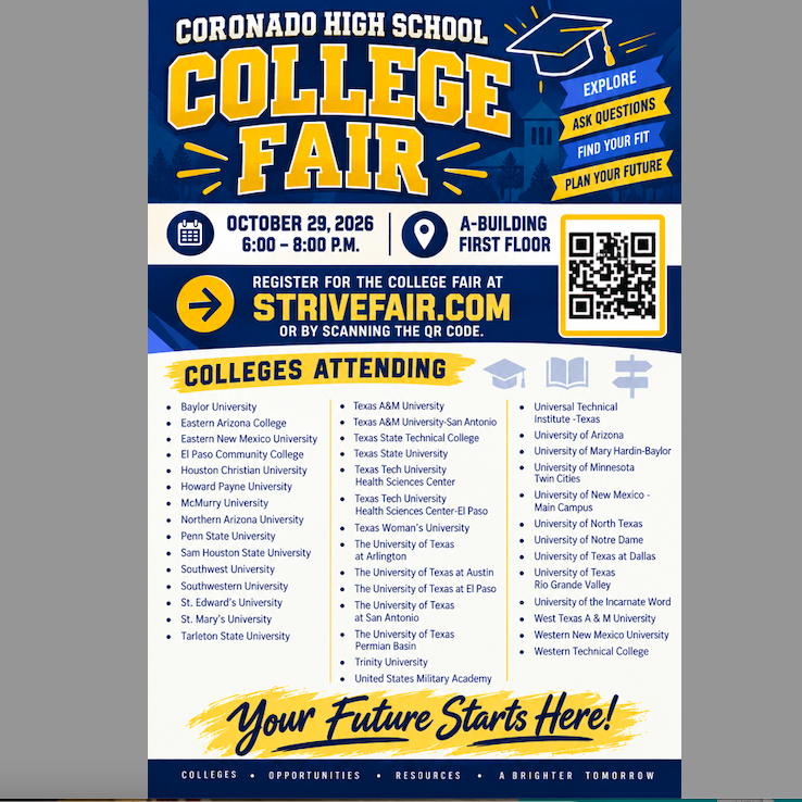Poster with blue and yellow colors reading "Coronado High School College Fair" with a QR code and colleges attending list.