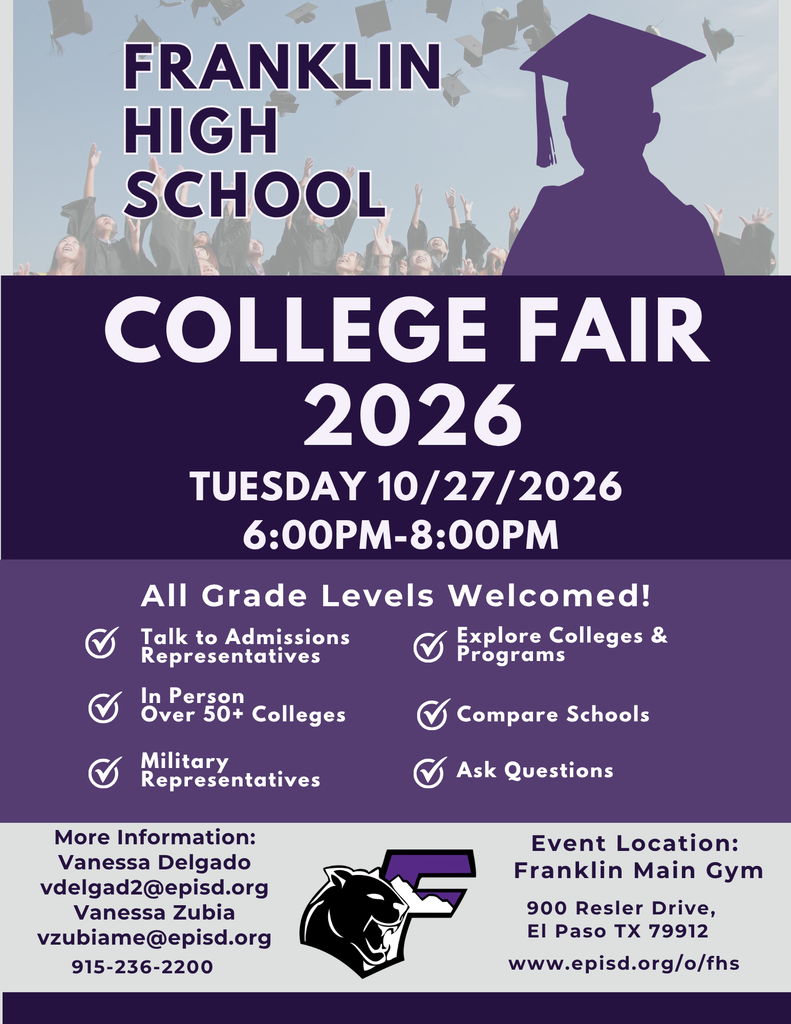 Blue and white flyer for Franklin High School's 2026 college fair. Blurry photos of students, a cap, and diplomas in background.