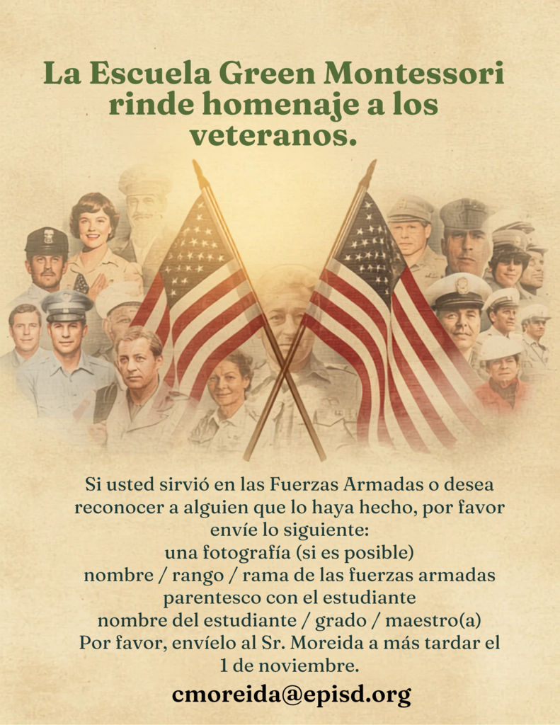 A poster with text in Spanish features photos of uniformed military personnel and American flags.