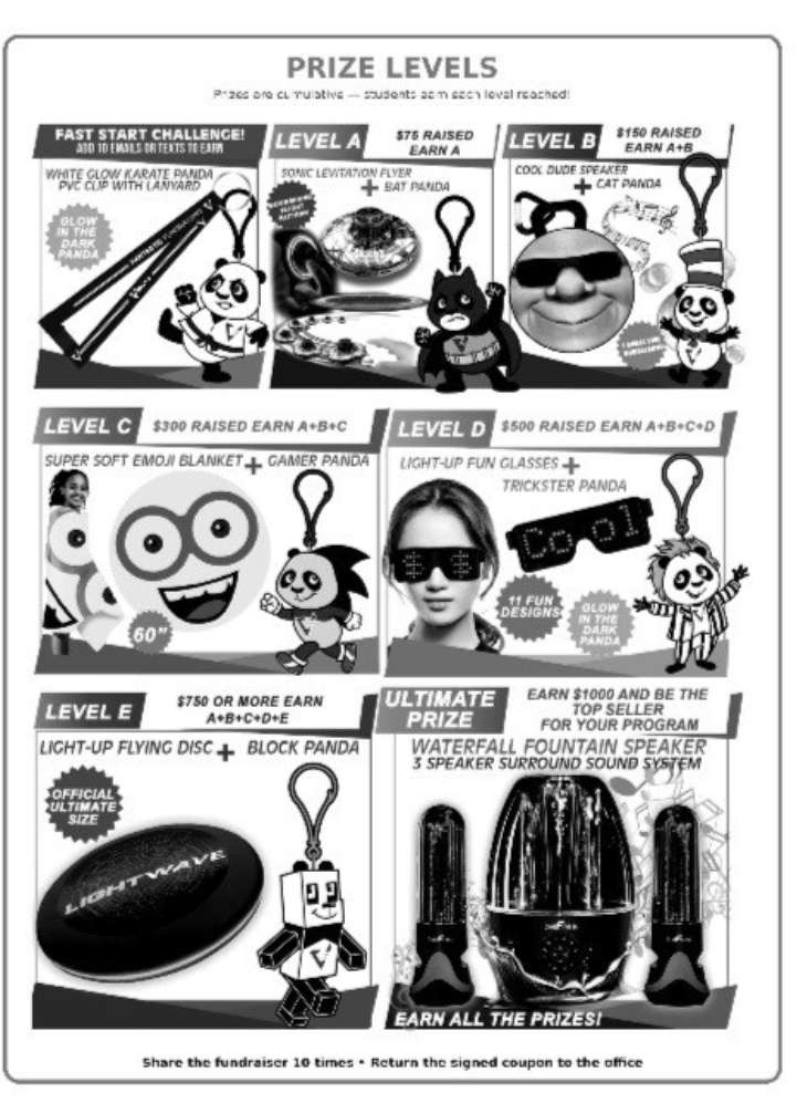 A poster shows various items and prizes, including a donut, panda, sunglasses, headphones, and a speaker, with labels indicating different prize levels and a promotion for a fundraiser.