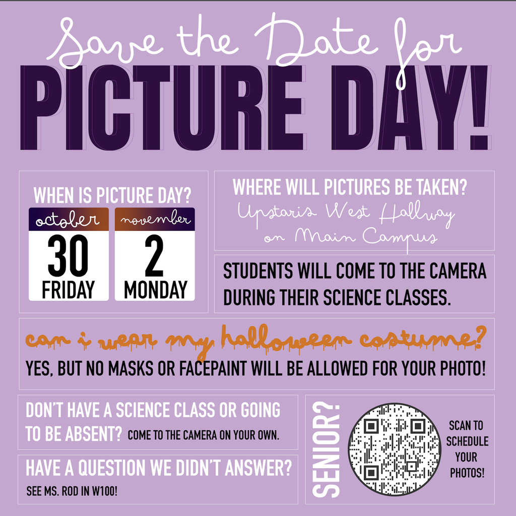 Poster with purple background advertising picture day on October 30 and November 2. QR code for scheduling photos.
