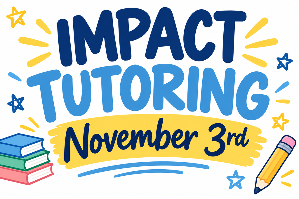 Blue text reading "IMPACT TUTORING November 3rd" over yellow background. Stars and sunbursts around text. Pencil on right. Stacked books on left.