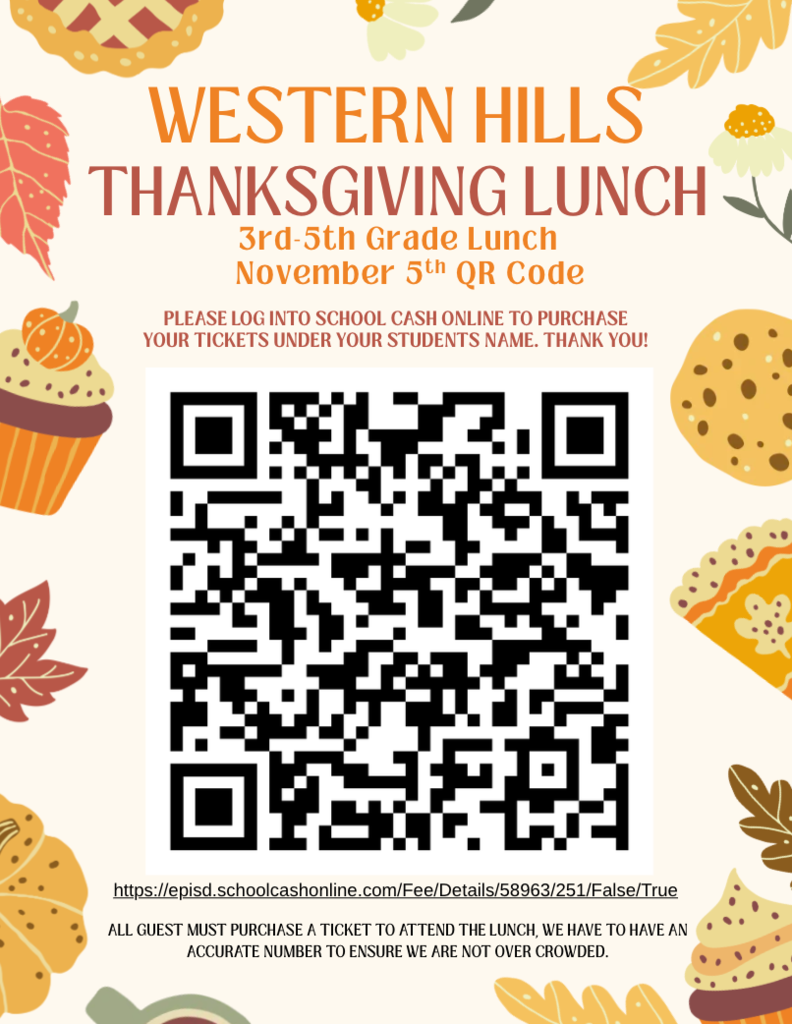 Thanksgiving lunch invitation for 3rd-5th graders. QR code for ticket purchase. Pumpkins, cupcakes, and leaves in background.