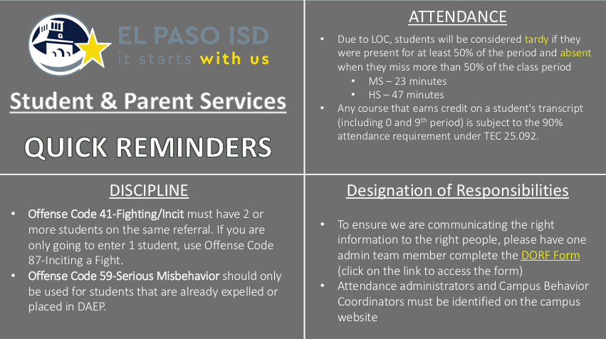 Student and Parent Services Quick Reminders: Discipline & Attendance