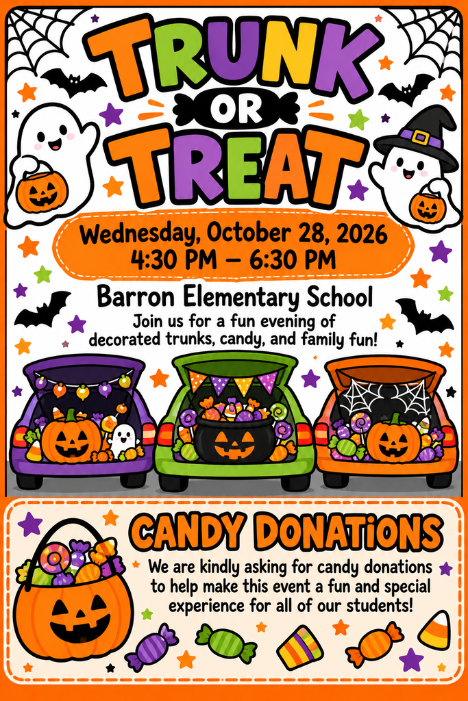 An event flyer with "Trunk or Treat" and cars with pumpkins. It says, "Wednesday, October 28, 2026, 4:30 to 6:30 PM."