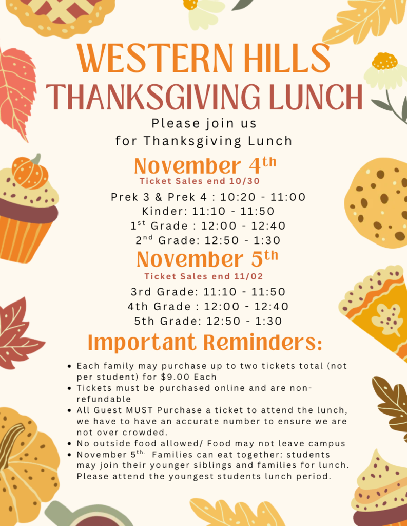 White poster with orange and black text. Fall-themed images including cupcakes, leaves, and a pumpkin.