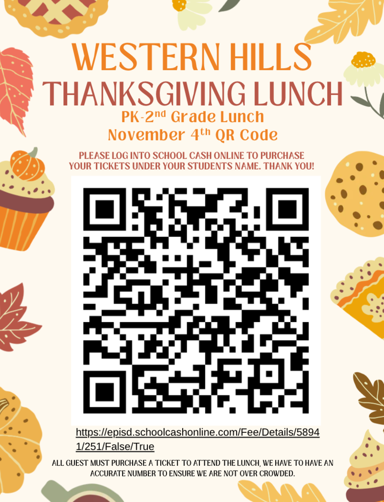 Thanksgiving lunch poster for grades K-2. Pumpkins, leaves, and cookies on a background. QR code and text.