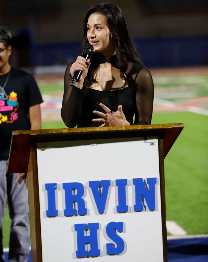 Stephanie Han speaking during the Irvin High School Homecoming Rally