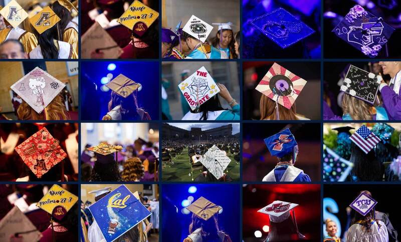 a collage of graduation caps