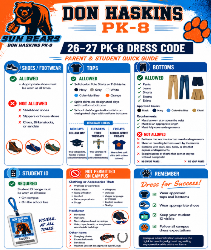 Graphic with text that says 26-27 PK-8 Dress Code. All allowed items are included in story link.