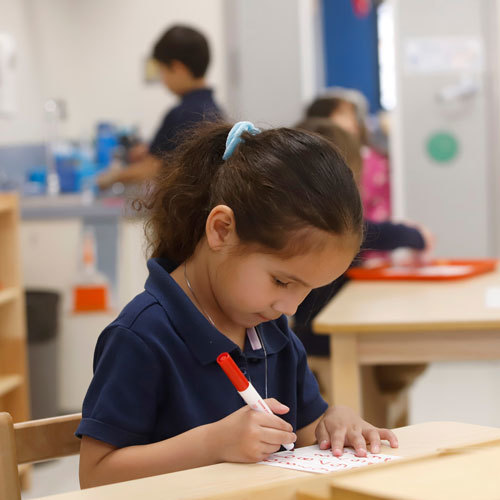 A student is shown at a Montessori school