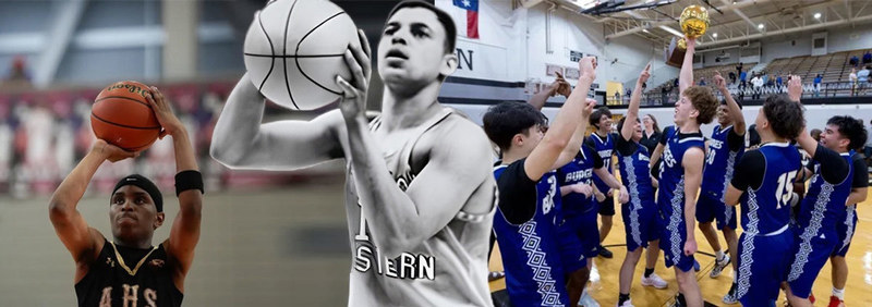 A photo collage featuring Andress high school basketball player, Bobby Joe Hill and the Burges boys basketball team celebrating