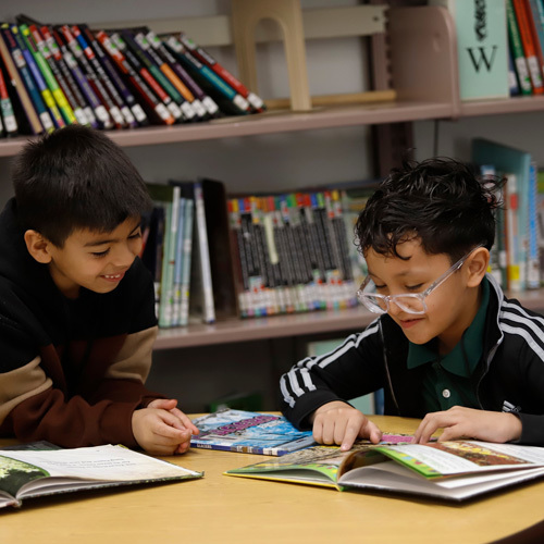 Two students read a book