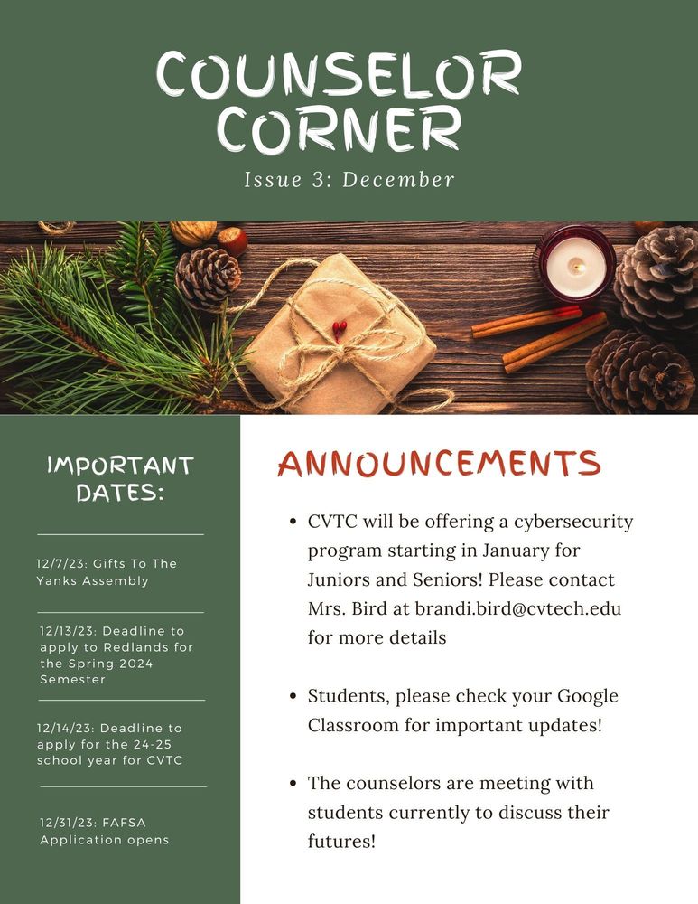 Counselor Corner letter