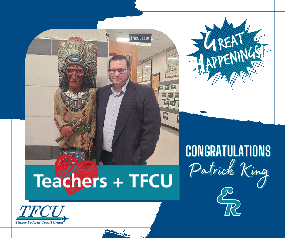 Congratulations to Mr. Patrick King from EHS! 🎉  He was named the winner of the Tinker Federal Credit Union Teachers + TFCU contest and received a $2,000 check! 💰👏  A parent who nominated him shared, "Mr. King teaches multiple science classes while also coaching the academic team. He puts in extra time for students who are willing to put in the effort and helped lead the 'A Team' to nationals for the third year this year. Mr. King always goes above and beyond for his students."  Thank you, Mr. King, for your dedication and commitment to student success! 