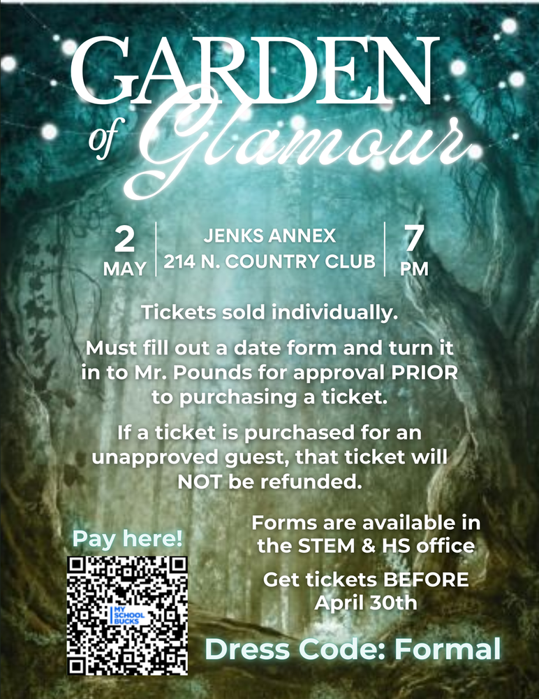 Garden of Glamour ✨🌸  Prom tickets are on sale now! Get yours by scanning the QR code or using this link before April 30th. Don’t miss out on a night of elegance and unforgettable memories!