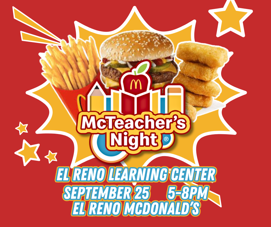 Join us for ERLC McTeacher’s Night on Sept 25th from 5-8pm at the El Reno McDonald's! Our amazing teachers will be serving up your favorites to support our school. Don’t miss a fun night for a great cause!