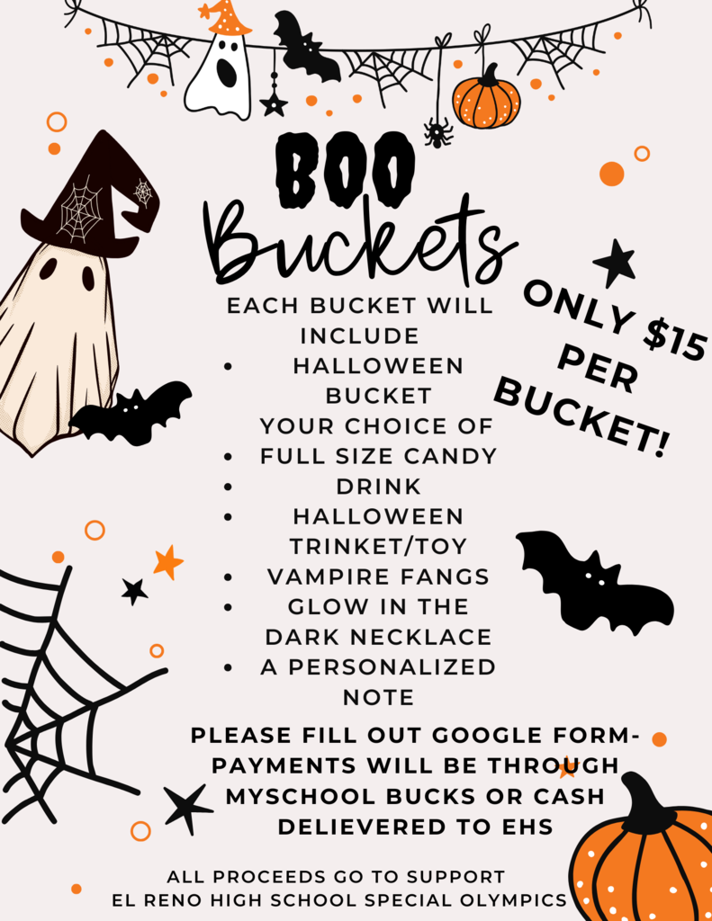El Reno High School Special Olympics is selling "Boo Buckets" again this year!! We had a tremendous amount of support last year from you all and we are GREATLY appreciative! If you are looking for a spooky gift for your boo (or kids, colleagues, or self), please fill out the Google Form below! https://forms.gle/LMWg7Hubq4ZkABDm8