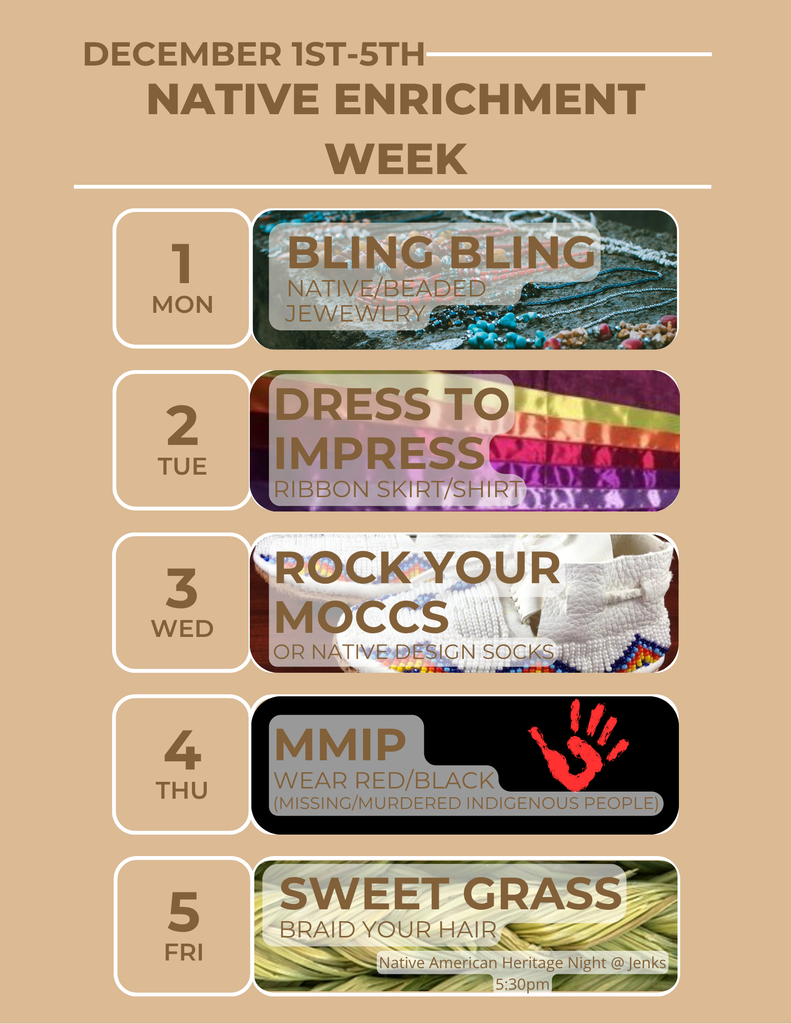 EHS Native Enrichment Week • Dec 1–5. Get ready to celebrate with fun dress-up days all week long! Each day highlights culture, pride, and community.