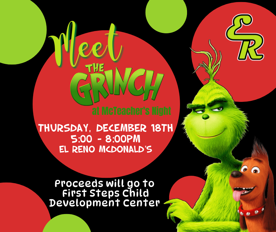 Join us for First Steps Child Development Center McTeacher Night on Thursday, Dec. 18th, from 5-8 PM at the El Reno McDonald's! 🍟✨  📸 Don't miss a special appearance by The Grinch – he's ready to steal some smiles (and maybe a fry or two)!  Come support our center, enjoy a delicious meal, and make memories with the whole family. See you there!