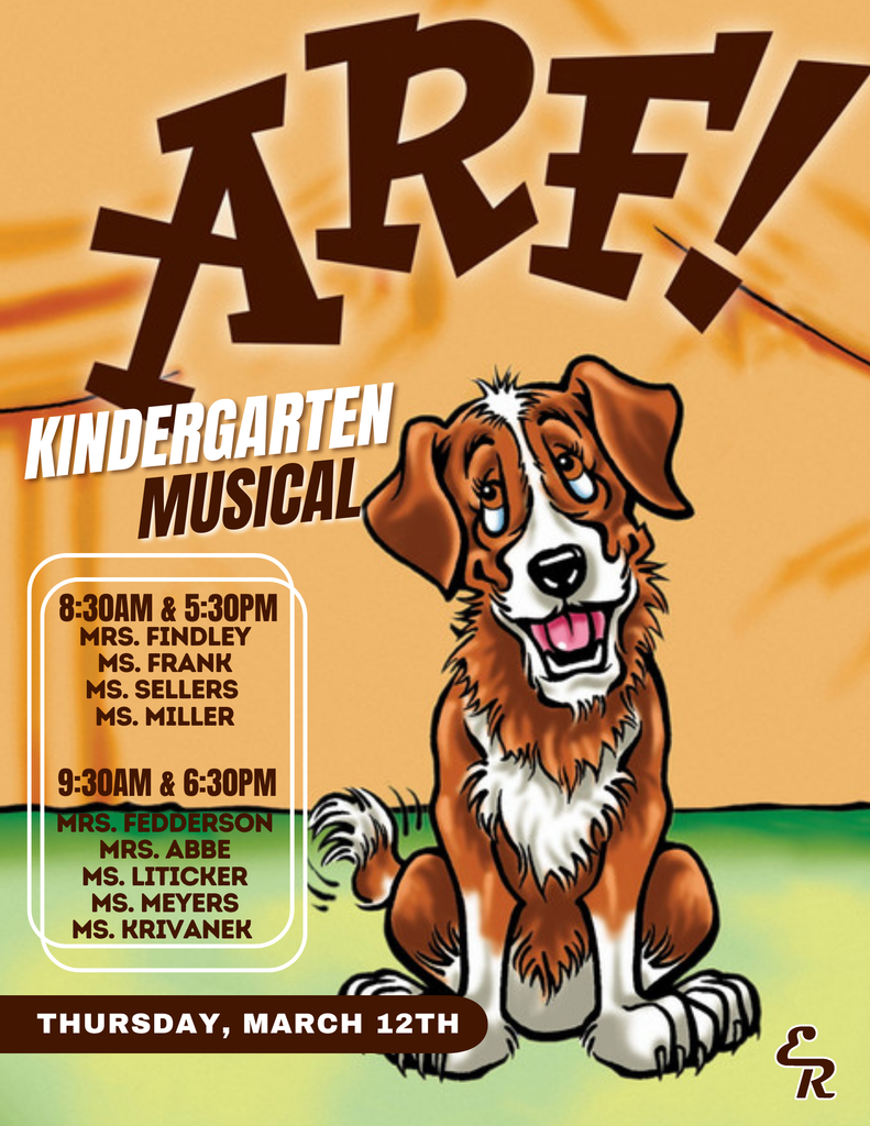 Kindergarten Musical: “Arf!” 🎶🐾  Get ready for a paw-some performance! Our kindergarteners will take the stage for this year’s musical, “Arf!”, on Thursday, March 12th. 🐶🎭  Class lists and performance times are included in the graphic below. We can’t wait to see you there for a tail-wagging good time!
