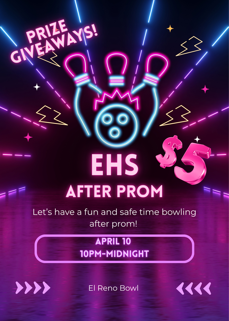 Great Gatsby EHS Students: Prom tickets are $30 each and can be purchased in Mrs. Haberland's room between classes. Tickets will ONLY be sold through Thursday, April 2. Cash is the easiest payment method. 🎳 After Prom is BACK! Join us at El Reno Bowl immediately following prom from 10:00 PM to midnight. • $5 in advance (see Mrs. Haberland to purchase) • $5 at the door Please note: Only students who attend prom may attend After Prom. Food and drinks will be available for purchase. 📌 Important Reminders: • Students must show their school ID at prom check-in or a clear photo of their ID (front and back with a scannable barcode). • Guest forms can be picked up in my classroom. Approved forms must be turned in by April 2, and tickets may be purchased at that time. ERLC Students: You will receive an email with a link to purchase prom tickets online for convenience. If you are bringing a guest who is not enrolled at EHS or ERLC, you must pick up a guest form from me and have it approved by Mr. Pounds by April 2. We are looking forward to a great night!