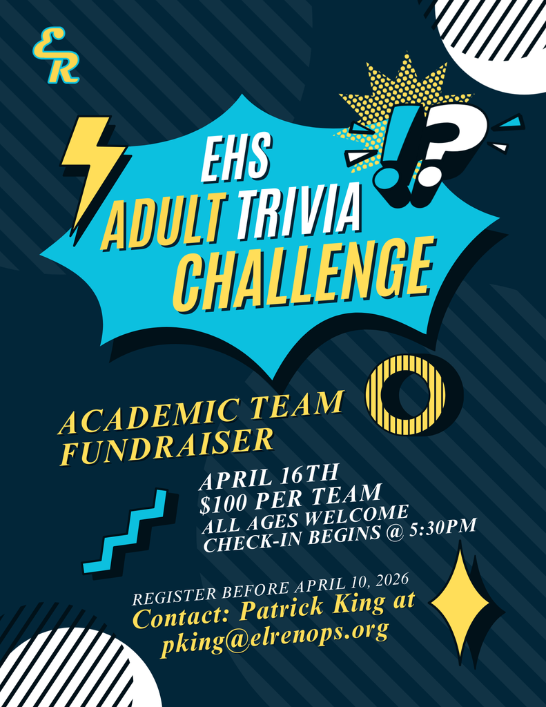 The EHS Academic Team is excited to host our annual Adult Trivia Night and we hope you’ll join us! This year’s event will feature classic trivia questions, making it fun and accessible for everyone.  📅 Thursday, April 16 ⏰ Check-in begins at 5:30 PM 📝 Registration closes Friday, April 10  Grab your friends, family, or coworkers and form a team. (Current Academic Team students may not participate since they helped write the questions.)  We’re looking forward to a great night of friendly competition and community fun. See you there!