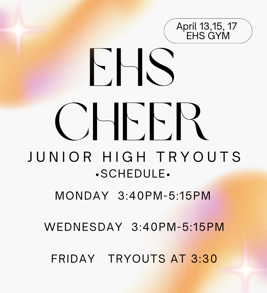 Cheer Tryouts Information!  Students in 6th and 7th grade will follow the Junior High tryout schedule, while students in 8th–11th grade will follow the High School tryout schedule.  A bus will pick up students from Roblyer for Monday and Wednesday practices. However, all students must be picked up at the high school gym at dismissal. If you have any questions, feel free to contact jsmith@elrenops.org