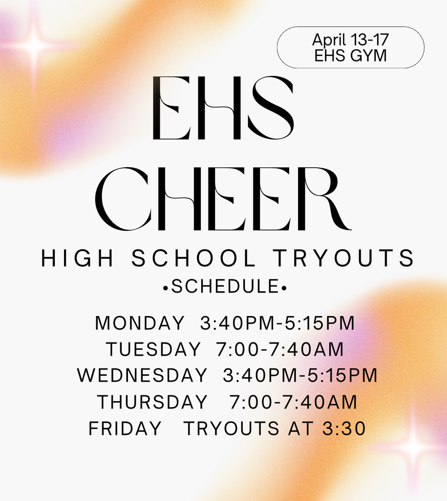 Cheer Tryouts Information!  Students in 6th and 7th grade will follow the Junior High tryout schedule, while students in 8th–11th grade will follow the High School tryout schedule.  A bus will pick up students from Roblyer for Monday and Wednesday practices. However, all students must be picked up at the high school gym at dismissal. If you have any questions, feel free to contact jsmith@elrenops.org