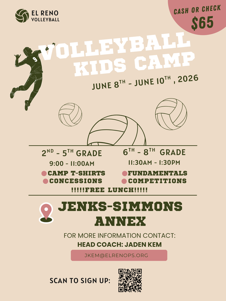 Calling all future volleyball stars in grades 2nd–8th! Join us for Volleyball Camp June 8–10! Cost is $65 and campers will build skills, teamwork, and have tons of fun on the court. 📲 Scan the QR code to register today! ❓Questions? Contact jkem@elrenops.org