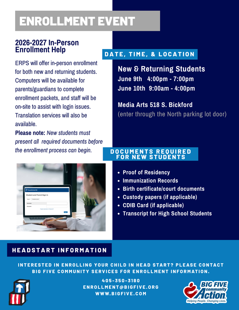 Attention all parents and guardians! We're here to make 2025-2026 enrollment a breeze for you! Whether you're a returning parent or new to our school family, we've got you covered. Mark your calendars for our in-person enrollment help sessions: June 9th: 4:00 pm - 7:00 pm June 10th: 8:00 pm - 4:00 pm Media Arts building at 518 S. Bickford. Returning parents: You're pros at this! You can complete your enrollment packet online via the Parent Portal, but feel free to stop by if you need assistance. New students: Welcome aboard! Don't forget to bring along all the required documents. Let's make this enrollment season smooth sailing for everyone! See you there!