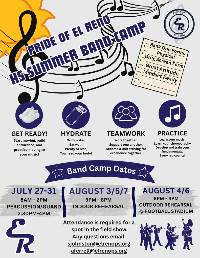 El Reno High School Band Camp begins next week! It's time to dust off those instruments, reconnect with friends, and get ready for an exciting season ahead.  Be sure to check the graphic for camp dates, times, and other important information. We can't wait to hear the Pride of El Reno back in action!