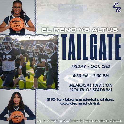The Lady Indians annual tailgate is tomorrow!!!  October 2nd @ Memorial Pavilion 4:30-7 pm!  $10 for a bbq sandwich, chips, drink, and cookie!  All proceeds and donations go directly to the El Reno Girls Basketball Program for the 2026-2027 basketball season!