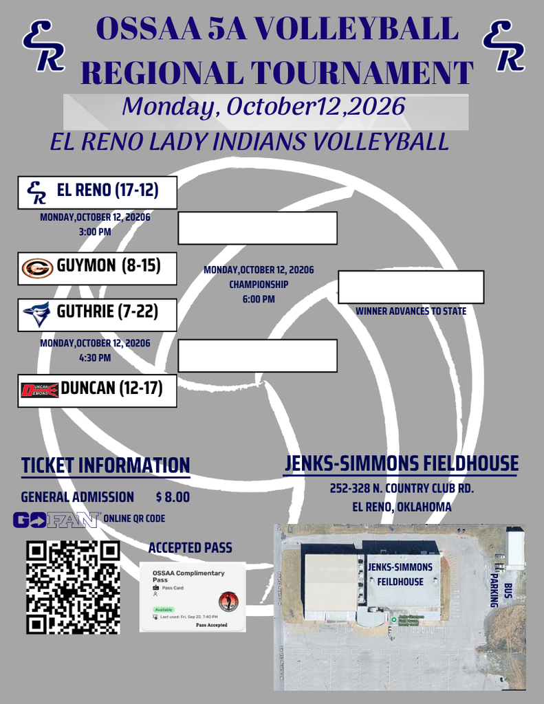5A VOLLEYBALL REGIONALS ARE HERE! 🏐 The official bracket and game times are below! ⬇️ 🎟️ Tickets: Purchase online using the QR code or pay cash at the door. Come out, get loud, and support your El Reno Indians!