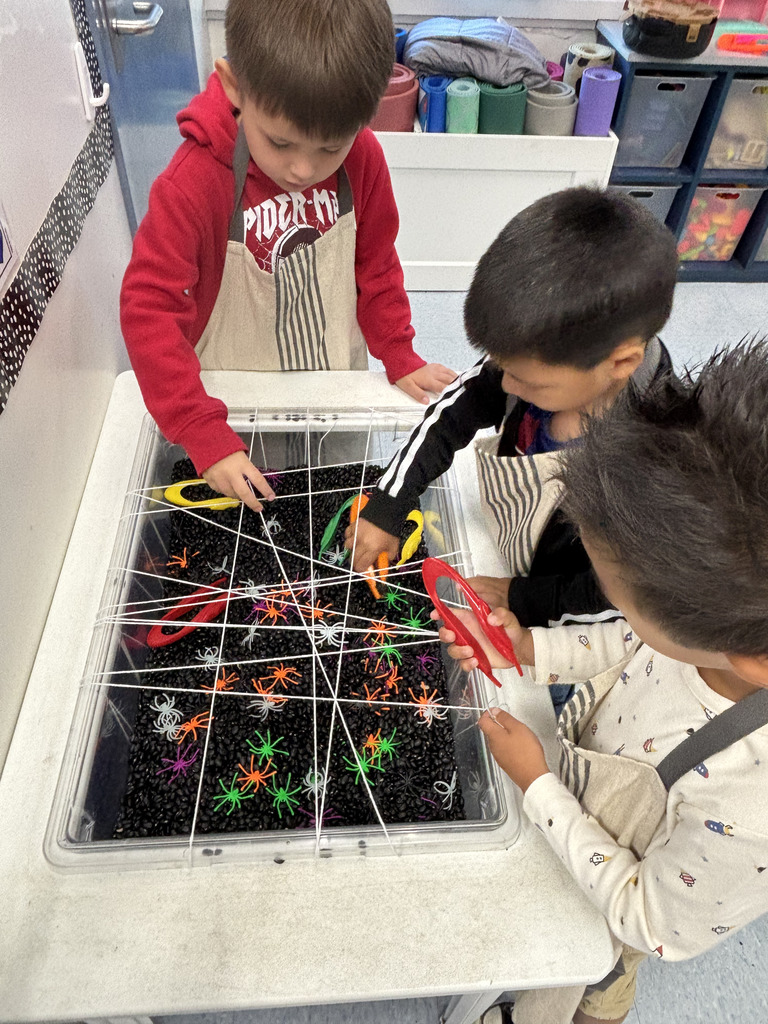 Three children lean over a sensory bin filled with black beans and colorful plastic spiders. White strings are stretched across the top like a web as they use plastic tweezers to pick up the spiders.