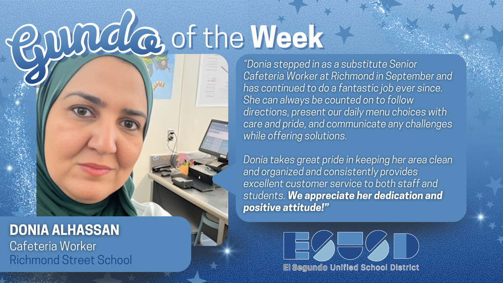 Portrait of Donia Alhassan, named Gundo of the Week, with text praising her dedication as a cafeteria worker at Richmond Street School.