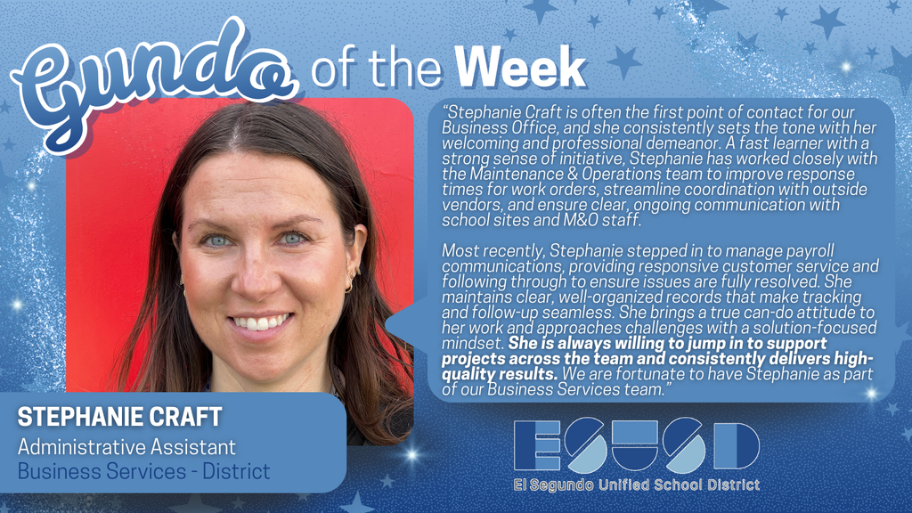 Portrait of Stephanie Craft, Administrative Assistant, highlighted as Gundo of the Week for her dedication and problem-solving in Business Services.