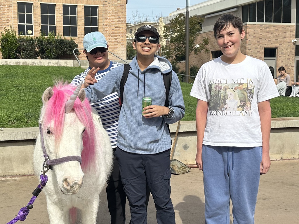 Students smile and pose outdoors with a small white pony featuring a bright pink mane styled like a unicorn.