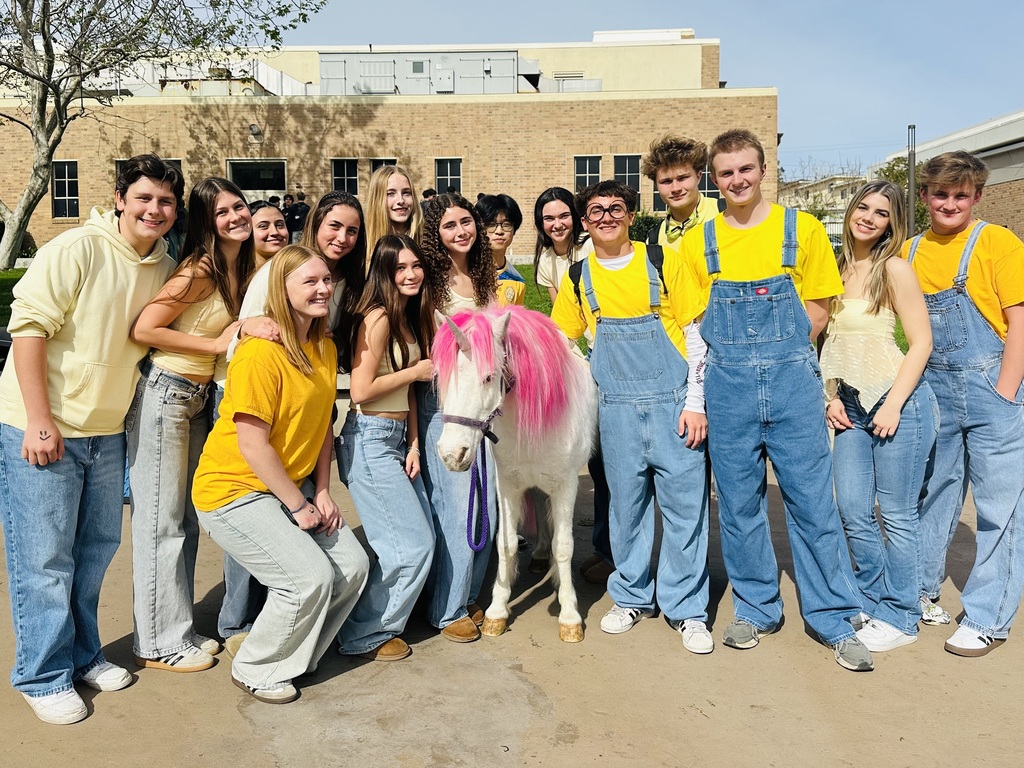 A large group of students dressed in yellow and denim pose together with the pony for a cheerful group picture.
