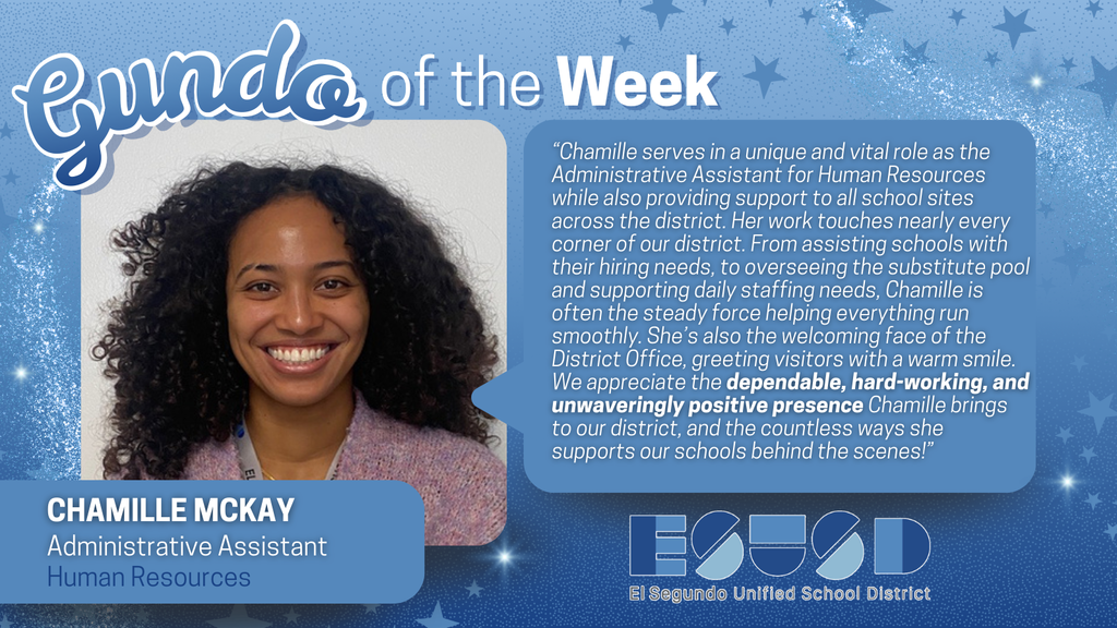 Chamille McKay, Human Resources Administrative Assistant, featured with a warm smile and a blue star-themed backdrop for Gundo of the Week.