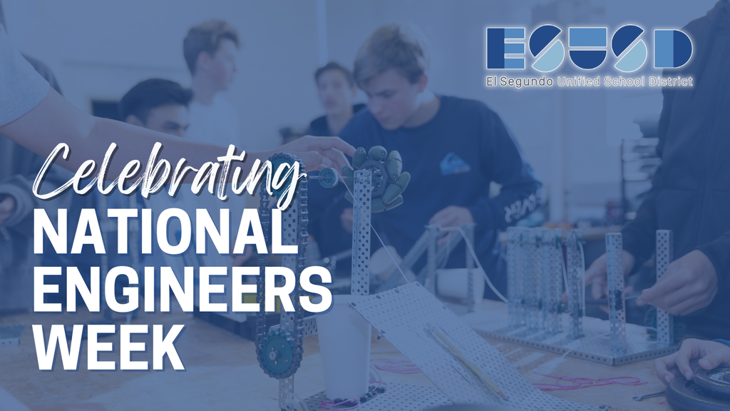 Hands working on mechanical parts of a robot with blurred students in the background for Engineers Week.