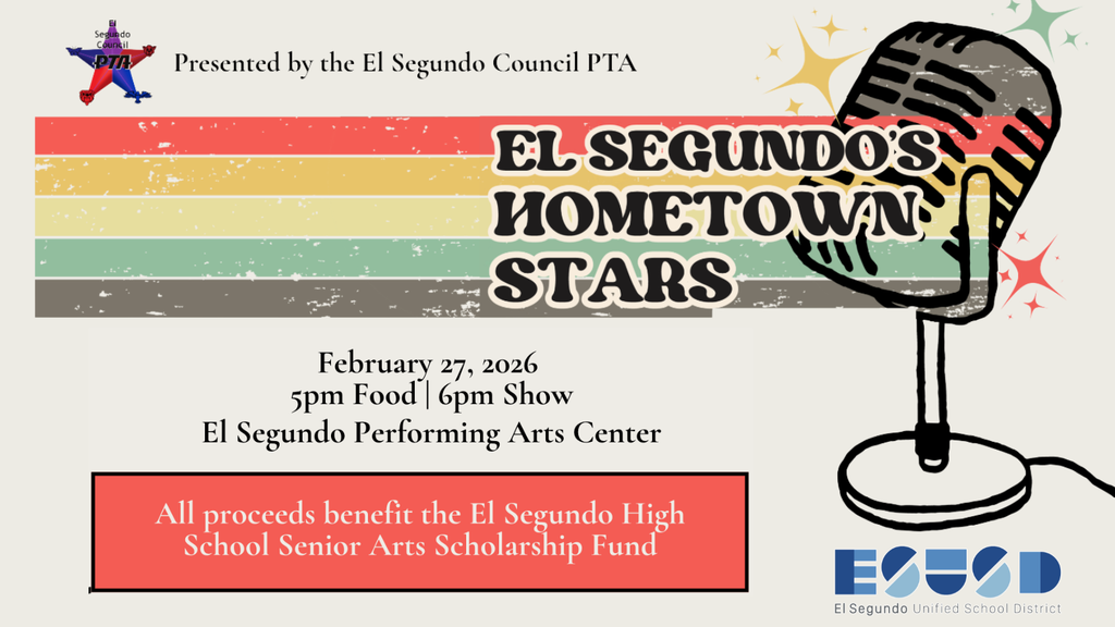 Retro microphone with colorful stripes promoting El Segundo's Hometown Stars event on February 27, 2026, at the Performing Arts Center.