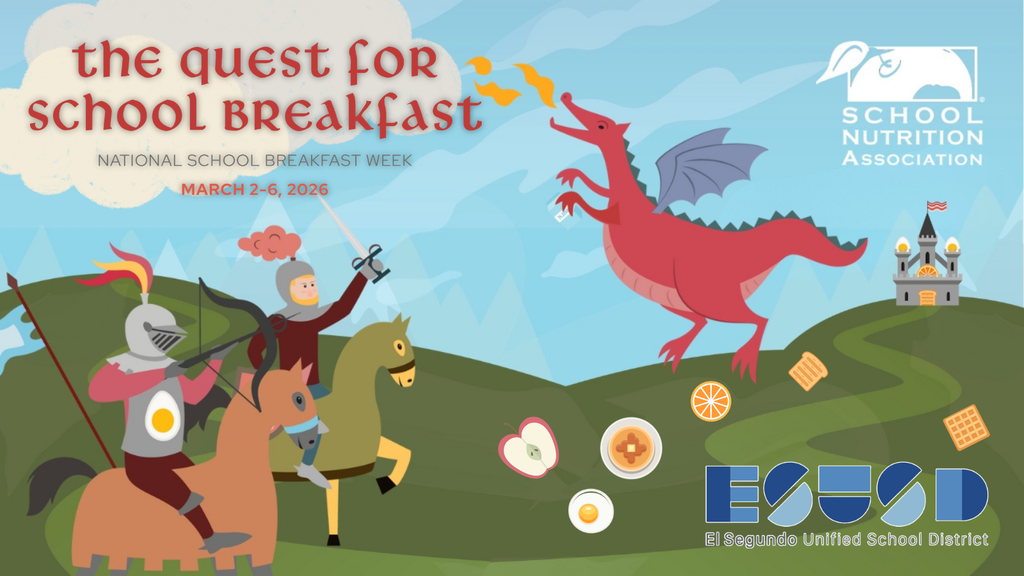 Two knights on horseback journey through hills toward a castle, chasing breakfast foods like eggs, waffles, and fruit flying in the air.